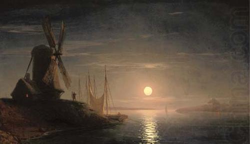 A windmill overlooking a moonlit bay, Ivan Aivazovsky